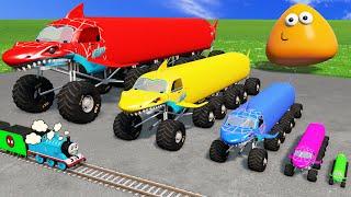 5 MONSTER TRUCKS vs Big & Small: McQueen with Spinner Wheels and Thomas Train - BeamNG.Drive