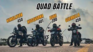 Guerrilla 450 Vs Ktm Duke 390 BS6 Vs Svartpilen 401 Vs Himalayan 450 Quad Race | Unexpected Results