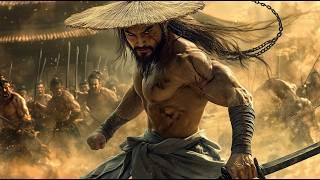 Thrilling martial arts film: Shackled warrior wields his blade and defeats all assassins