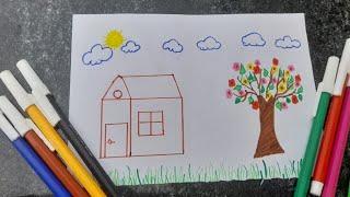 Easy Home scenery ||Easy Drawing with marker colours ||Simple scenery