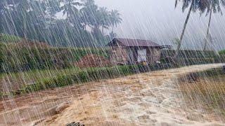 Walking in the pouring rain in a beautiful village, Indonesian village life, Sleep in 5 minutes