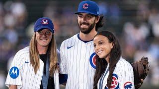 Olympic gold medalists Alyssa Naeher & Mallory Swanson threw out the first pitch at the Cubs game 