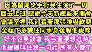 因為闌尾炎手術我住院了一周，回去上班 聽說今天新總監來開會，會議室裡 我卻看著那張臉嚇軟腿，全程下意識往同事身後躲他視線，好不容易散會 我弓著腰想逃時，他緩緩叫住我一句話 所有人傻了#甜寵#灰姑娘