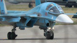 Sukhoi Su-34 "Fullback" frontline bomber, startup and short takeoff.