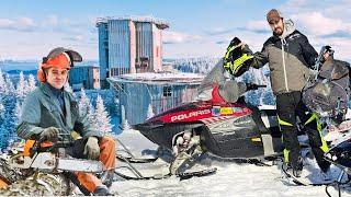 Snowmobile Camping at an Abandoned Military Base (Cutting Trail w/ Chainsaw)