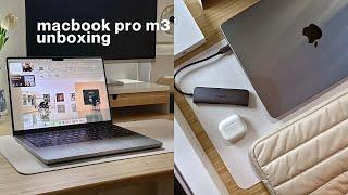 macbook pro m3 unboxing [14" space gray] ️  +airpods 3, accessories, macOS sonoma desktop aesthetic