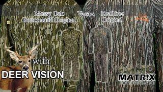 Mossy Oak Bottomland Original VS Realtree Original with simulated deer vision on 14 Backgrounds.