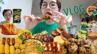 SUB)먹방)블랙올리브치킨 매콤오떡후떡볶이 왕마카롱 김밥+육개장 뿌링핫도그 소떡소떡 빵파티 스테이시피타칩 낙지전골 위키드윈디 삼겹살 과자리뷰 BHC 오떡후 VLOG MUKBANG