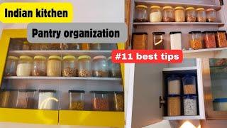 Indian kitchen pantry organization ideas |  tips to organize space saving grocery items, containers