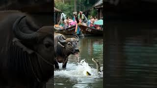Buffalo vs Python Fight in Village Pond During Water Festival! #animals #buffalo #python #shortvideo