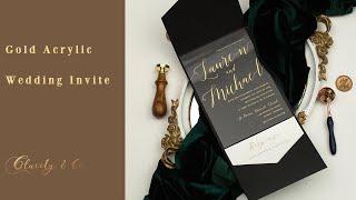 36. DIY gold clear acrylic wedding invitation with black pocket for modern wedding