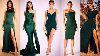 Elegant Emerald Green Dress Party Outfit Ideas | Formal Emerald Dress Ideas | Green Satin Dresses