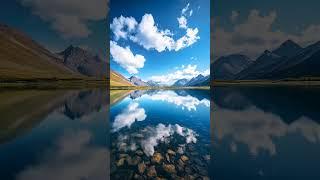 This stunning shot captures a crystal-clear mountain lake reflecting the vivid blue sky.