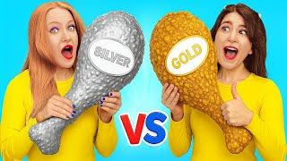 NEW 123GO! AMAZING COLOR FOOD CHALLENGE!  Gold vs Silver Plates 