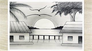 Sunset Landscape Drawing with pencil, Pencil Drawing for Beginners step by step