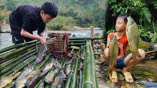 A boy from the highlands harvests fish from the pond to sell at the village market.