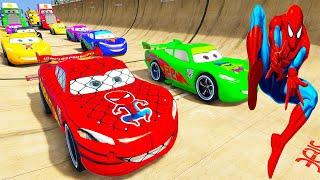 SPIDERMAN McQueen Vs Disney CARS RAMP Challenge ! SUPERHEROES HULK Fight MACK Truck Epic - GTA V Mod