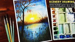 Watercolor Scenery Painting | Beautiful Sunset Drawing with watercolor | Sanju arts