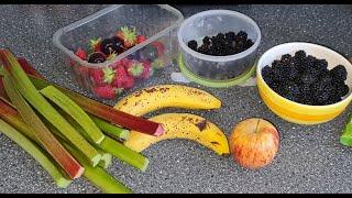 Blackberry, strawberry, rhubarb, bananas and apple crumble