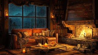 Cozy Cabin Ambience with Soft Jazz Music ️ Heavy Rain, Fireplace Sounds to Relax & Sleep 4K