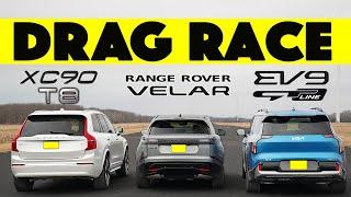 2024 Kia EV9 vs Volvo XC90 T8 vs Range Rover Velar. Over in 13 Seconds!  Drag and Roll Race.