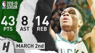 Giannis Antetokounmpo Full Highlights Bucks vs Jazz 2019.03.02 - 43 Pts, 14 Reb, 8 Ast!