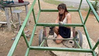 The girl with great repair skills repaired the man's ox cart.