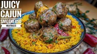 SMOTHERED CAJUN MEATBALLS  AND CAJUN YELLOW RICE