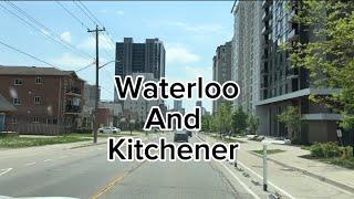 Driving around King Street South downtown Waterloo and Kitchener Ontario Canada