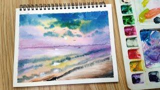 Easy Watercolor SUNSET SEASCAPE Painting Step by Step / Watercolor Tutorial for Beginners