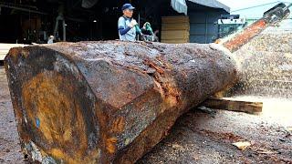 Process of Cutting Solid Wood to Make a Wood Slab Table. Sawmill in South Korea.