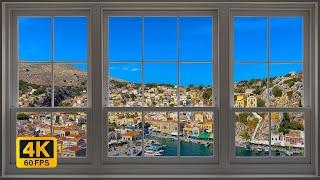 4K coastal town Symi, on an island north of Rhodes in Greece window view - Relaxing, Calm, Ambience