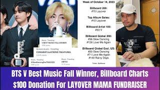 BTS V Best Music Fall Winner, Layover on Billboard Charts, $100 Donation for LAYOVER MAMA FUNDRAISER