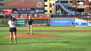 Parker Schultz throws out the first pitch at the Akron Rubber Ducks baseball game