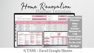 Home Renovation Planner Excel Spreadsheet, Home Improvement Planning Google Sheets, Home Remodel