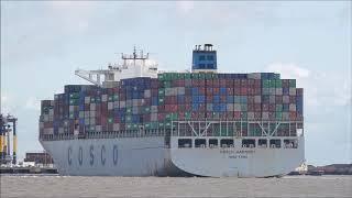 Deep draughted Cosco Harmony swings off the berth to depart Felixstowe bound East 25th February 2020