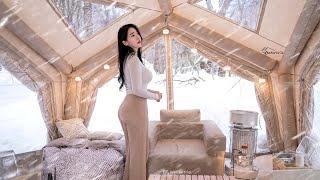 COZY CAMPING IN AN AIR TENT COVERED IN SNOW | CAMP ASMR