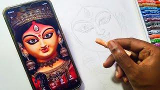 Durga Puja drawing/maa Durga face drawing oil pastel/Durga maa painting