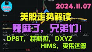 11月7日，美股即时走势解读，赚麻了，兄弟们！DPST、特斯拉、DXYZ、HIMS、英伟达 ️️ #美股推荐2024 #英伟达股票 #特斯拉股票 #美股投资 #美股大涨 #美股大跌 #美股期权