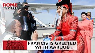 Pope Francis is greeted with aaruul upon arriving in Mongolia