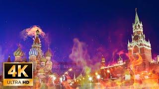  4K Kremlin on Fire footage. The sound of a burning fireplace. Moscow In Fire screensaver