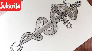 How to draw a sword with snake || sword tattoo drawing