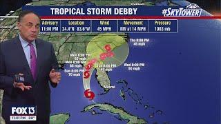 Tropical Storm Debby slightly strengthens
