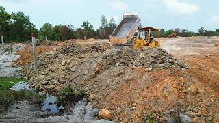 Technical Skills Operator Bulldozer D37E Pushing Stone & 10 Wheels Trucks Dumping For Land Filling