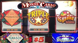 Multiple Wheel spins on High Limit Monte Carlo! Tabasco slots! Triple Stars + MGM Riches slot play!