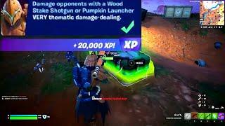 Damage opponents with a Wood Stake Shotgun or Pumpkin Launcher Fortnite