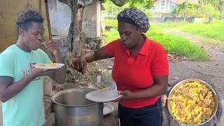 Road side cooking cornmeal dumpling yam ,banana, and sweet potato