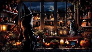 ENCHANTED WITCH COTTAGE-MAGIC POTIONS-WIND CHIMES-NIGHT TIME AMBIENCE-PUMPKINS-CAULDRON-FULL MOON