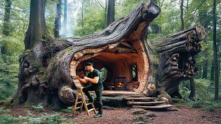 Building a Warm Secret Shelter Inside a Large Spruce Tree Stump - Ancient Construction Method