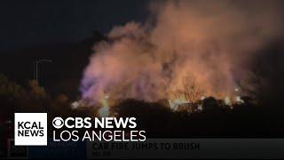 Car fire spreads to nearby brush off 405 Freeway offramp in Bel-Air